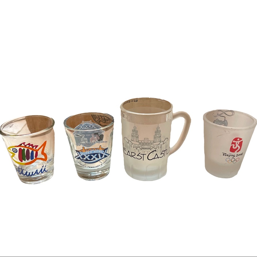 Shot Glass Lot Of  Four Super Bowl XXXIX Olympics Hawaii Hearst Castle Patriots